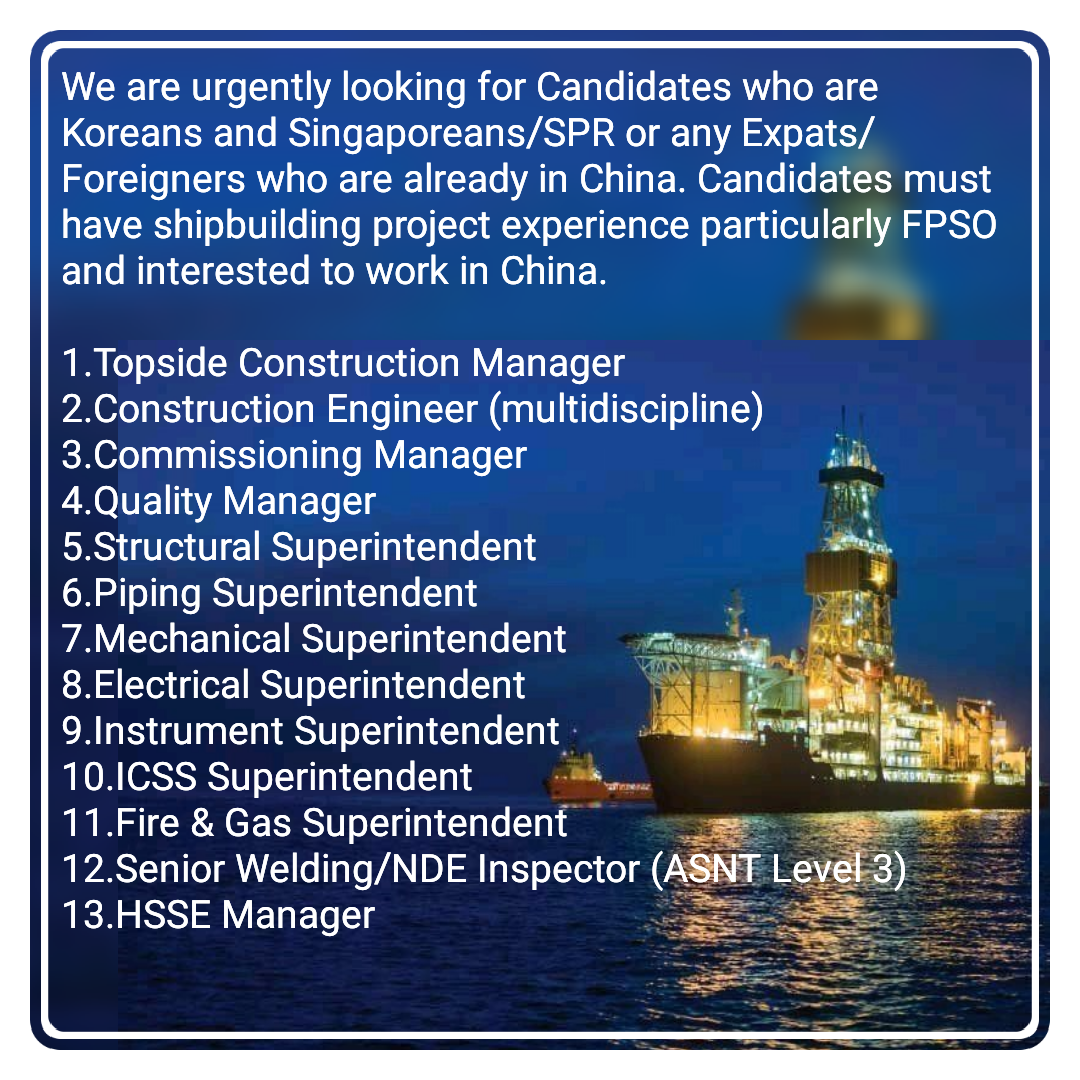 FPSO Structural, Piping, Mechanical, Electrical, Instrument, ICSS, Fire & Gas Superintendent Jobs