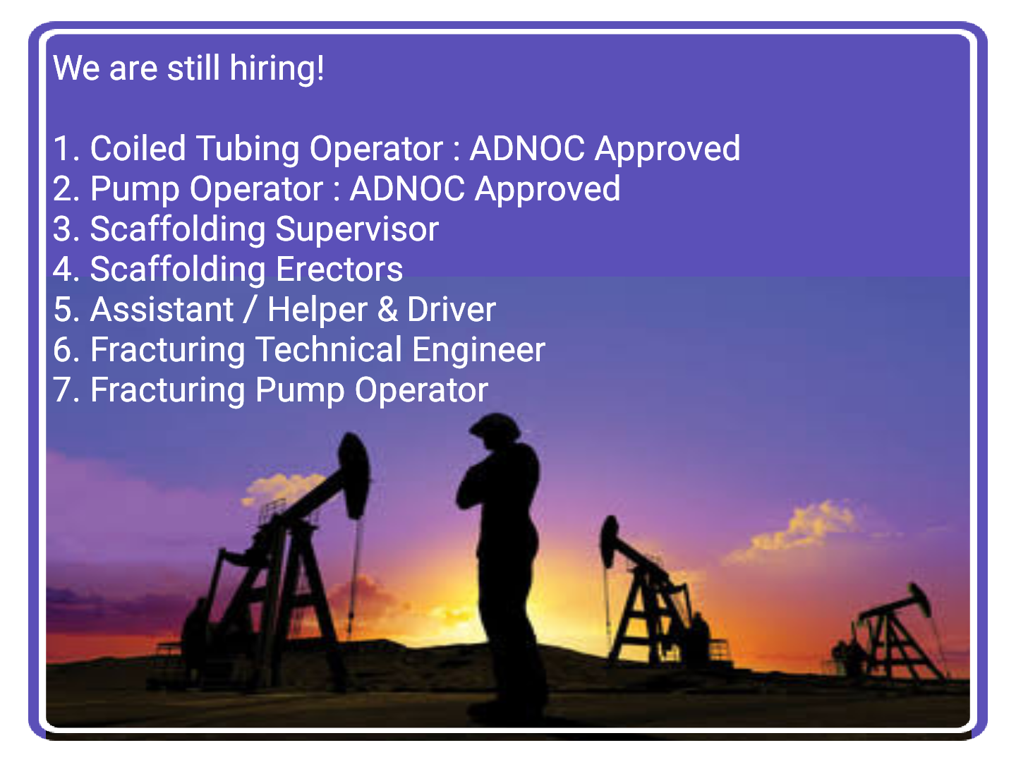 Coil Tubing, Pump Operator, Scaffolding & Fracturing Engineer Jobs