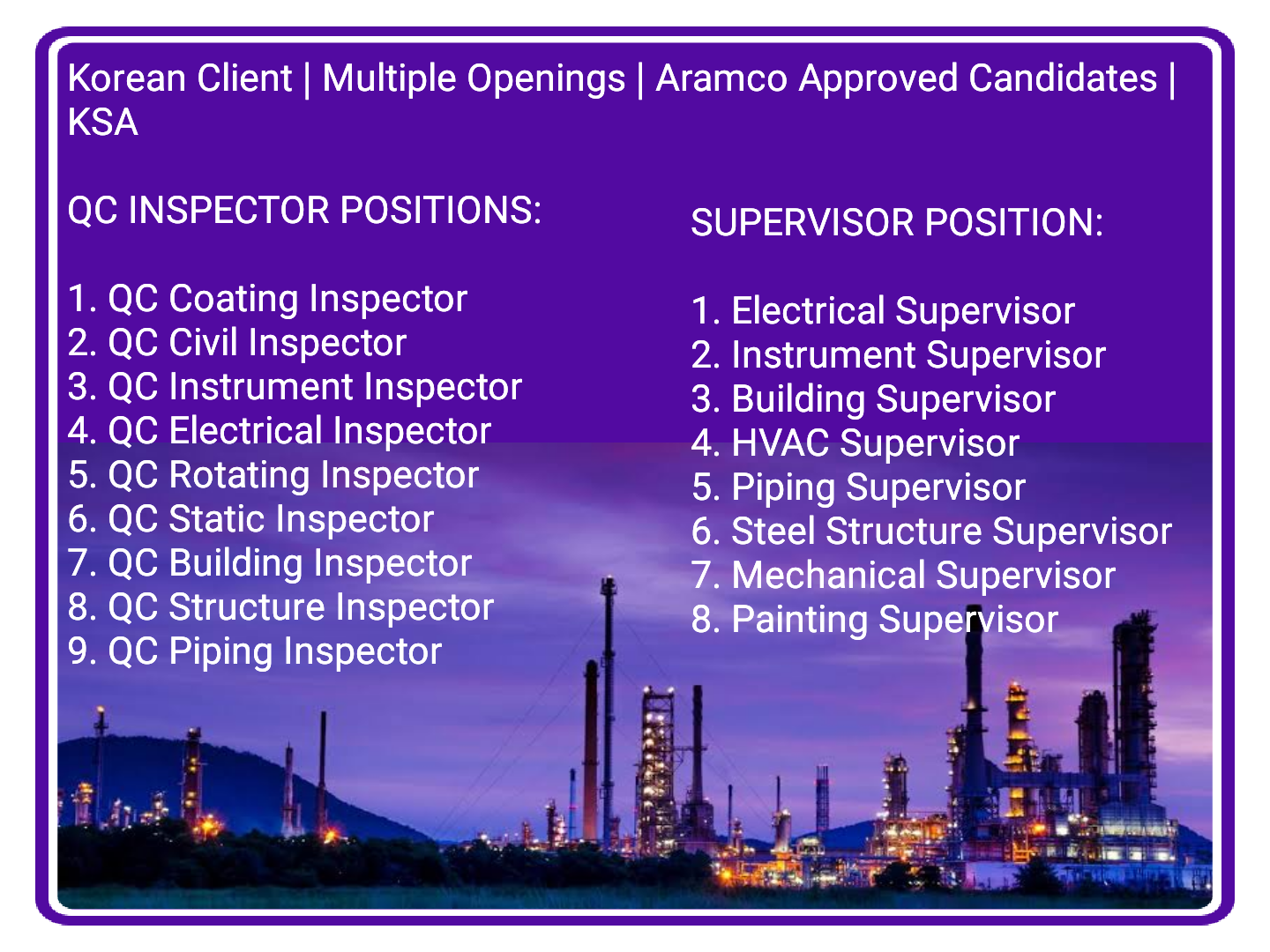 QC Civil, Instrument, Electrical, Piping, Structure Supervisor Jobs
