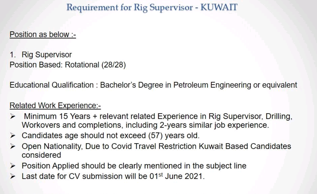 Rig Supervisor 28/28 Rotation, Kuwait