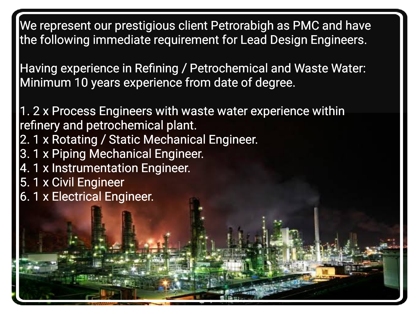 Process, Piping, Instrument, Civil & Electrical Engineer Jobs