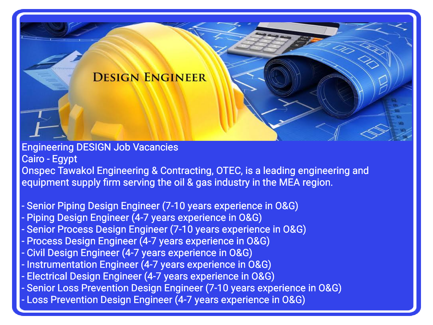 Piping, Process, Instrument, Electric & Civil Design Engineer Jobs