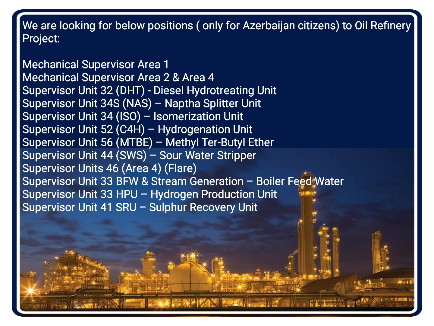 Multiple Oil Refinery Units Supervisor Jobs