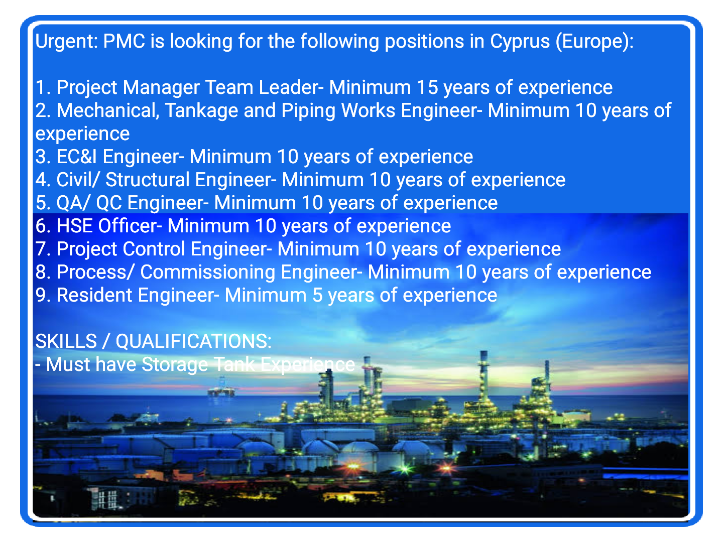 Project Manager, Mechanical, E&I, QAQC, HSE & Process Engineer Jobs