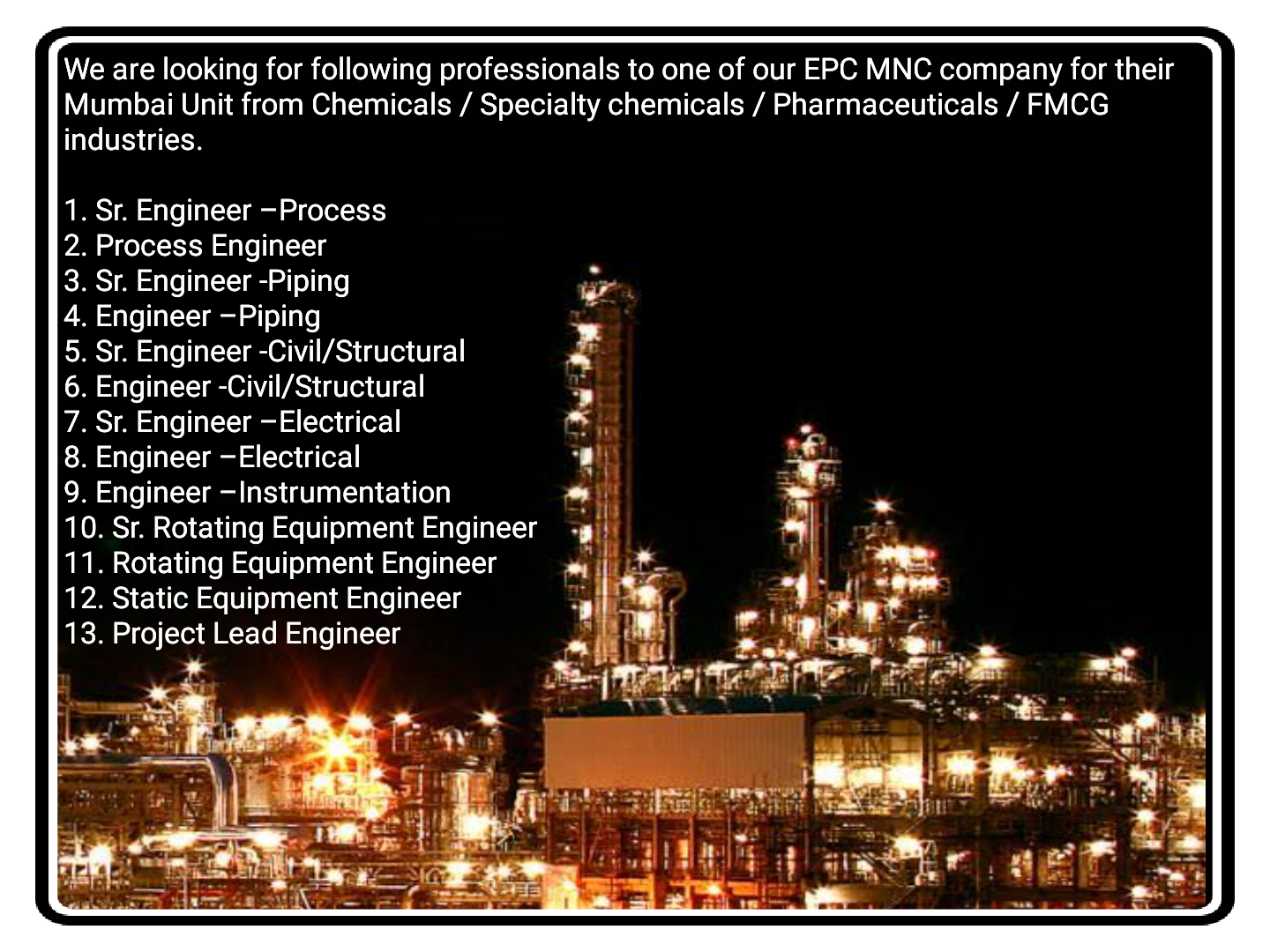 Process, Piping, Civil/Structural, Electrical, Instrument & Project Lead Engineer Jobs