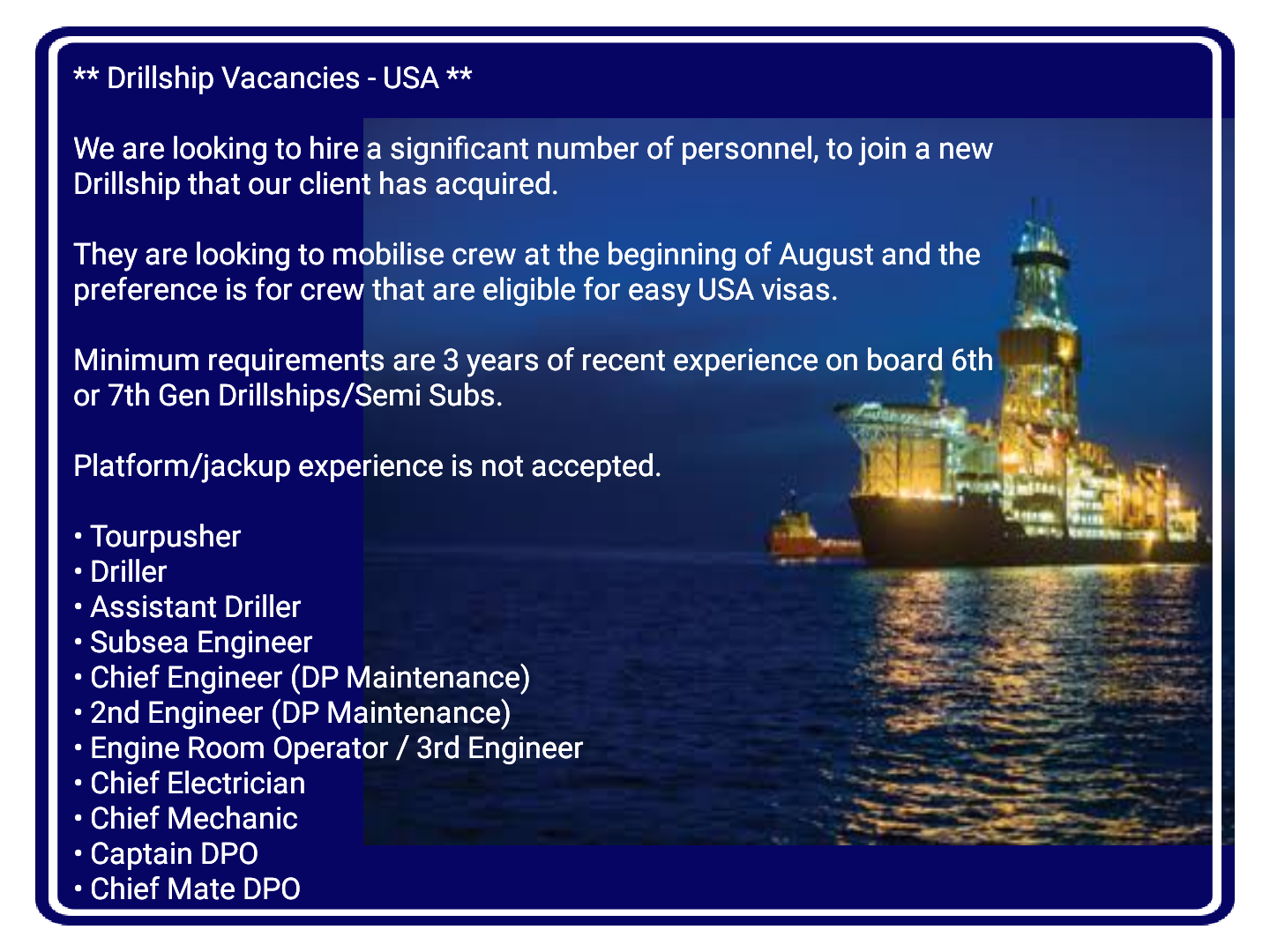 Drillship Vacancies USA