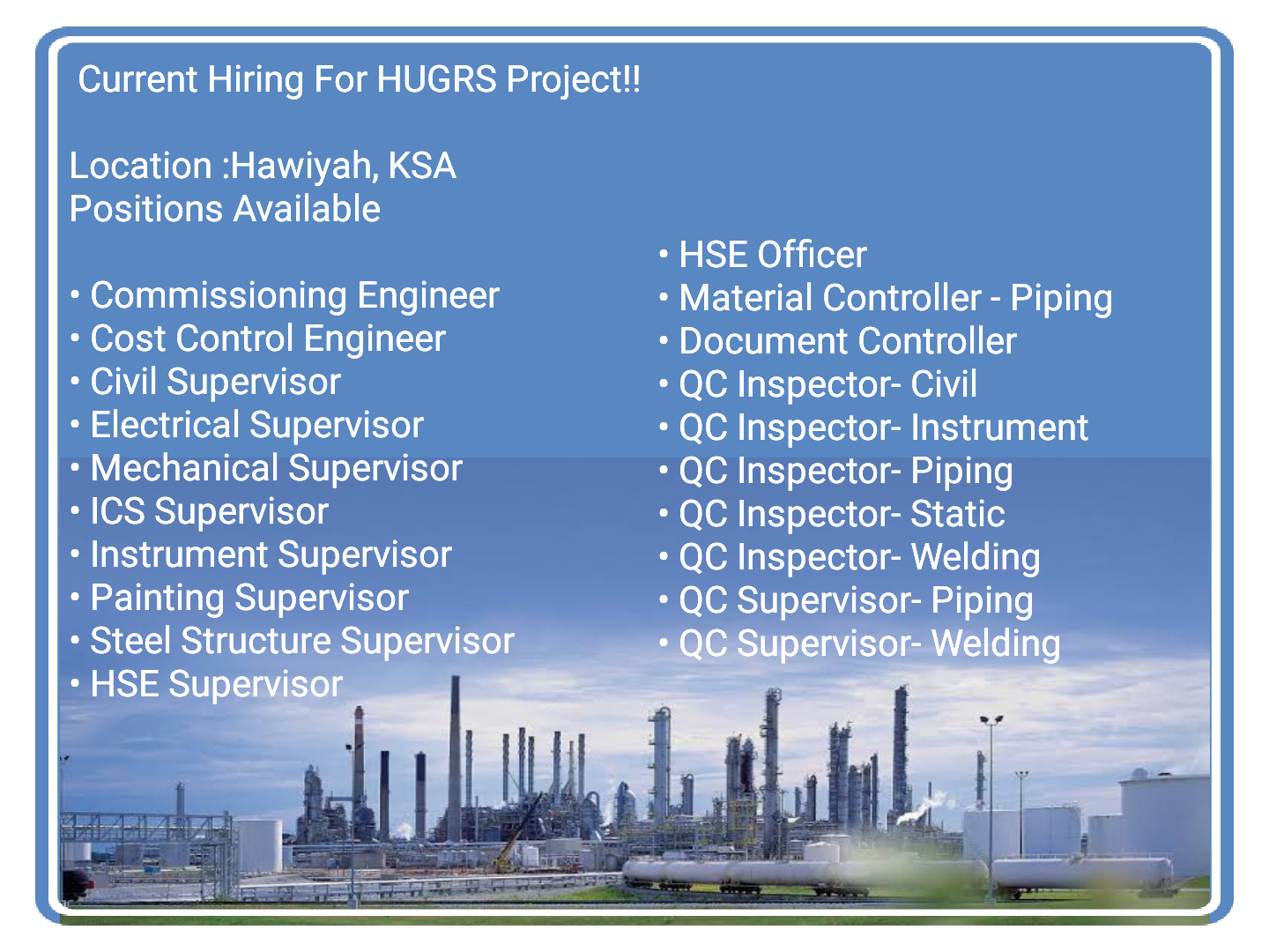 Electrical, Mechanical, Instrument, Civil, Painting, HSE Supervisor & QAQC Jobs