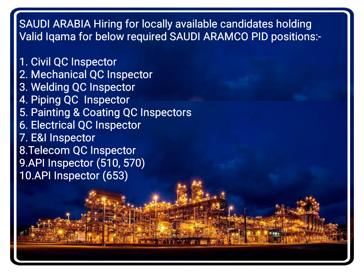 Civil, Mechanical, Welding, Piping, Electrical & Instrument QC Inspector Jobs