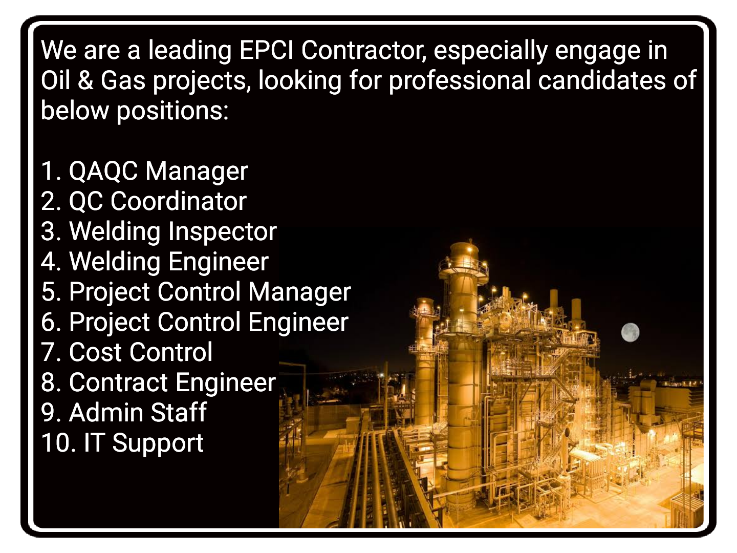 QAQC Manager, Coordinator, Welding Inspector, Engineer, Project Control & Admin Staff Jobs