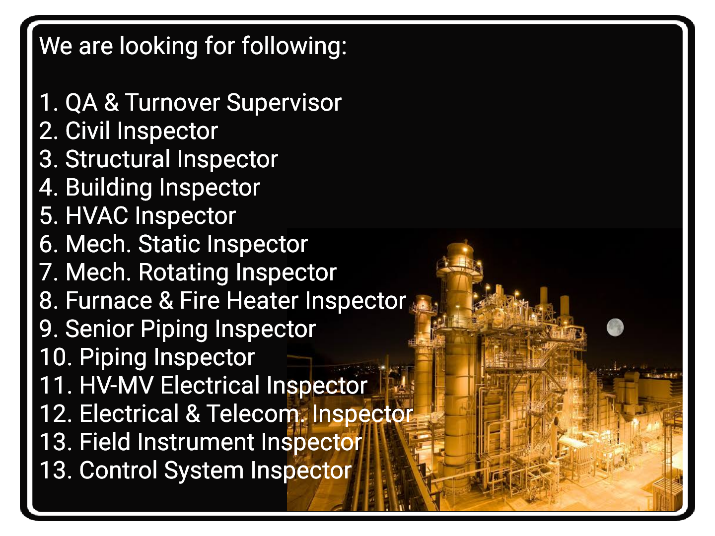 QA & Turnover, Civil, Structural, Building, HVAC, Piping, Electrical & Instrument Inspector Jobs