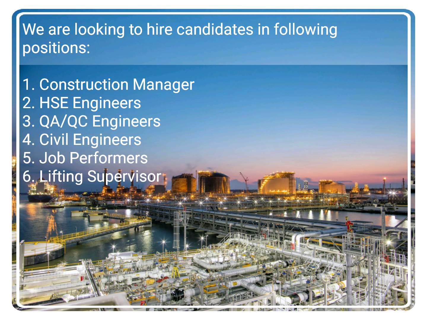 Construction Manager, HSE, QAQC Engineer & Lifting Supervisor Jobs