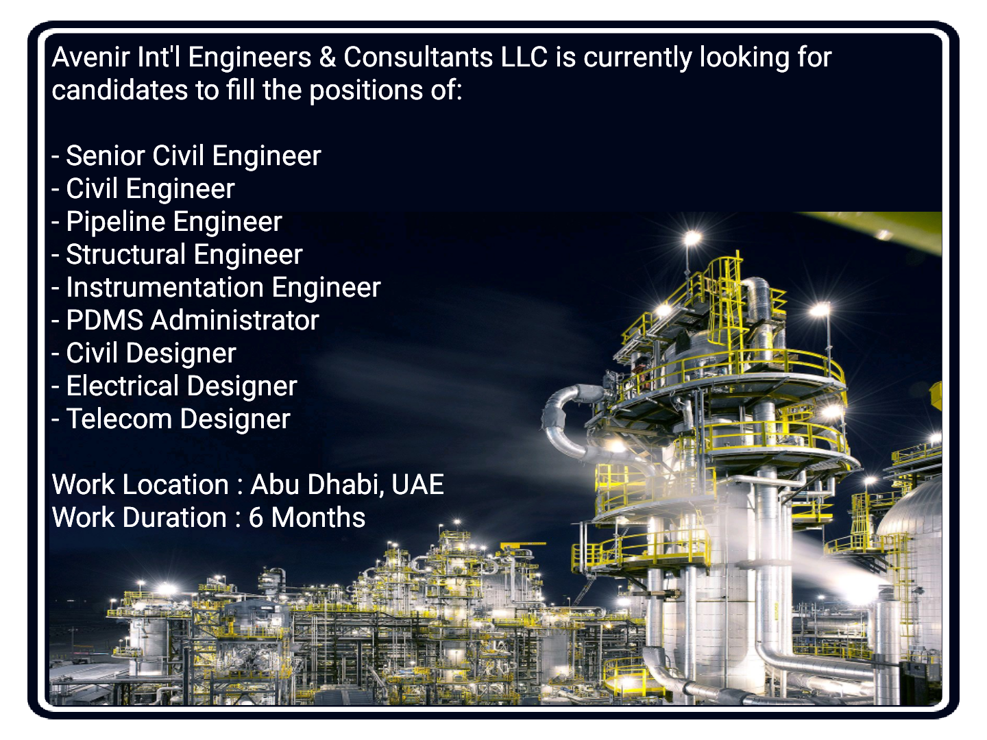 Civil, Instrumentation, Pipeline, Structural, Electrical & Telecom Engineer Jobs