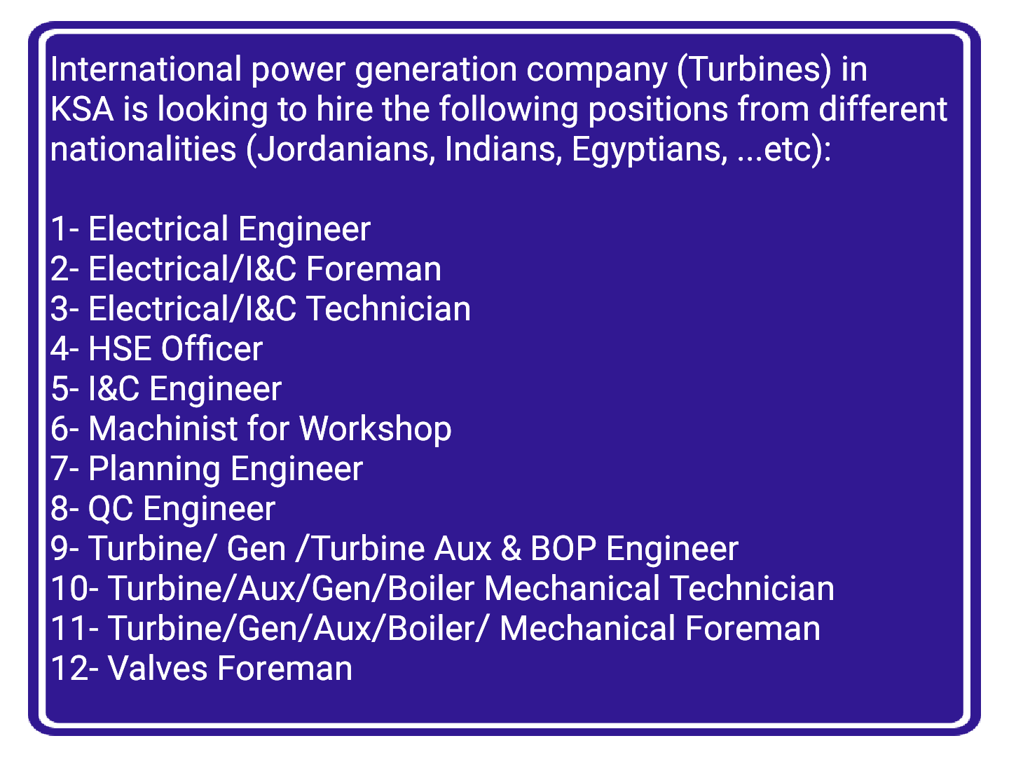 Electrical, Instrument, Mechanical, HSE, QC & Valve Technician Jobs