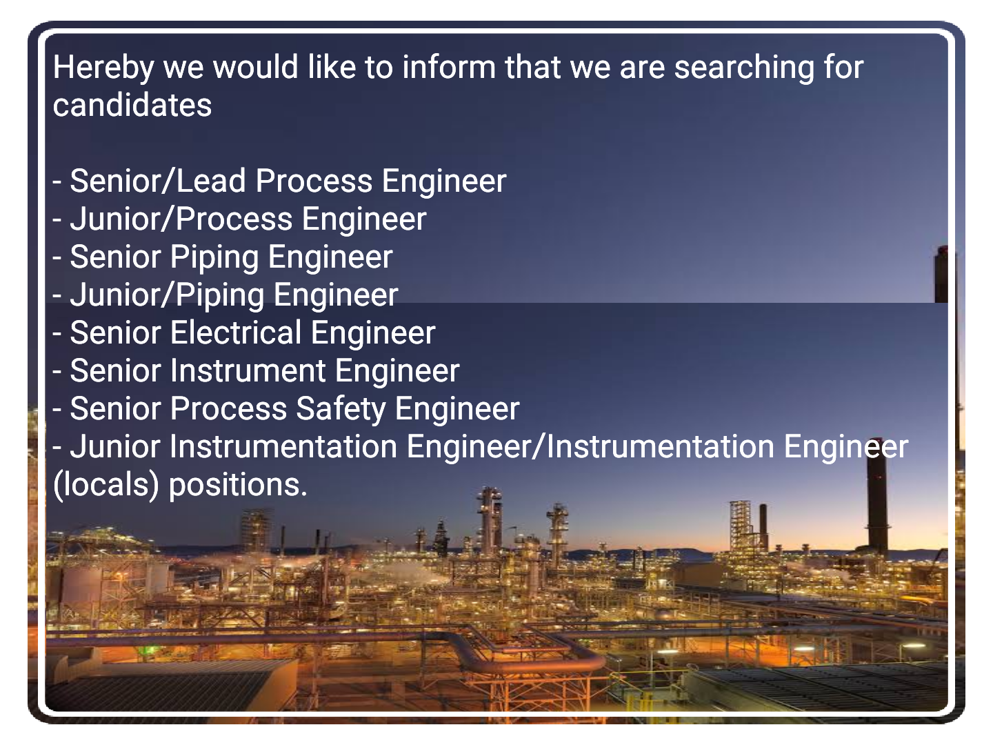 Process, Piping, Electrical & Instrument Senior & Junior Engineer Jobs