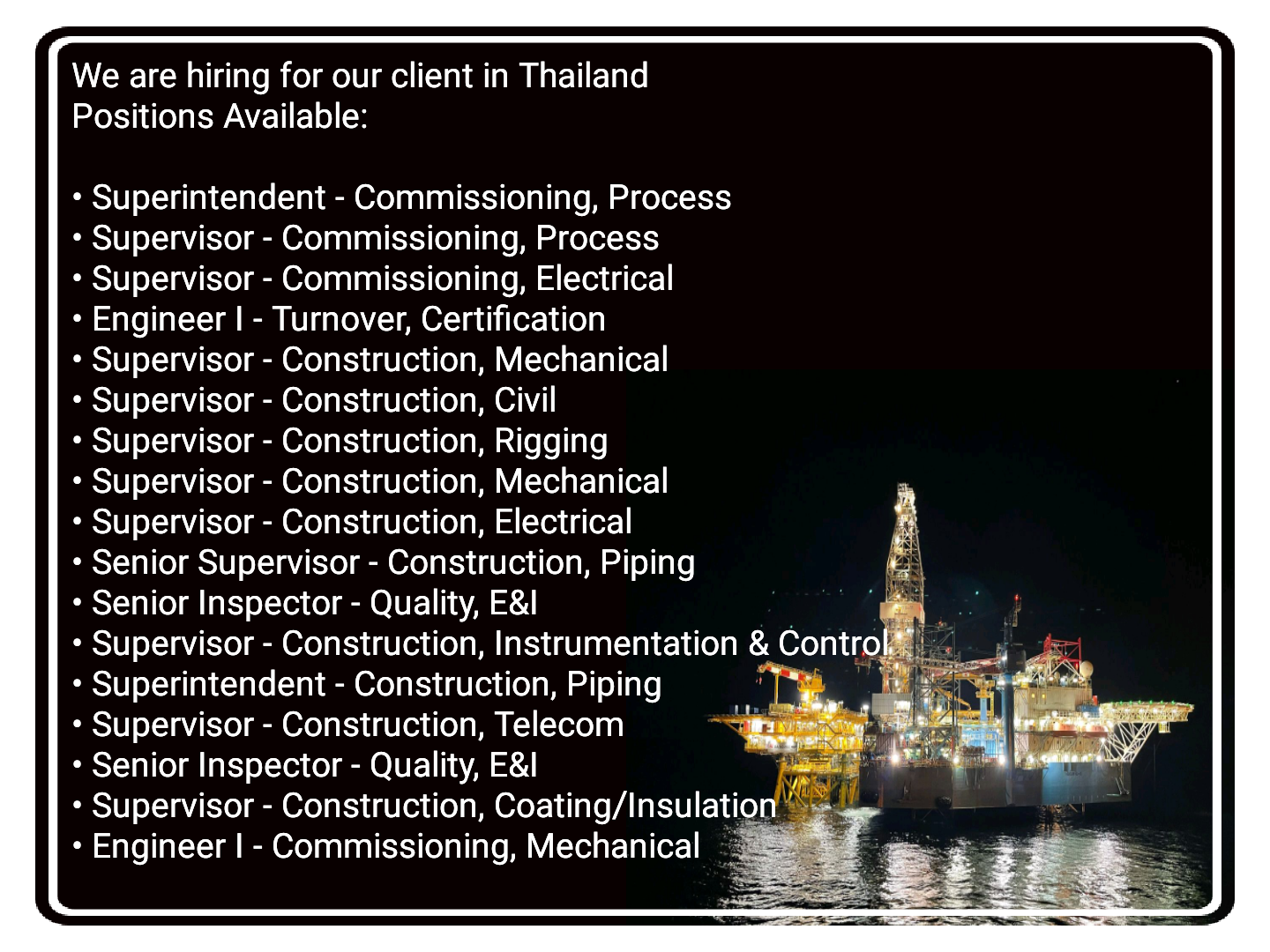 Mechanical, Instrument, Electrical, Process, Piping, Civil & Construction Supervisor Jobs