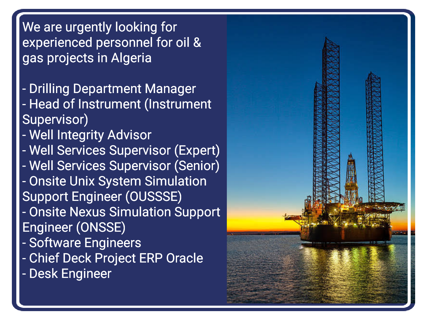 Drilling, Well Services, Instrument Supervisor & Desk Engineer Jobs