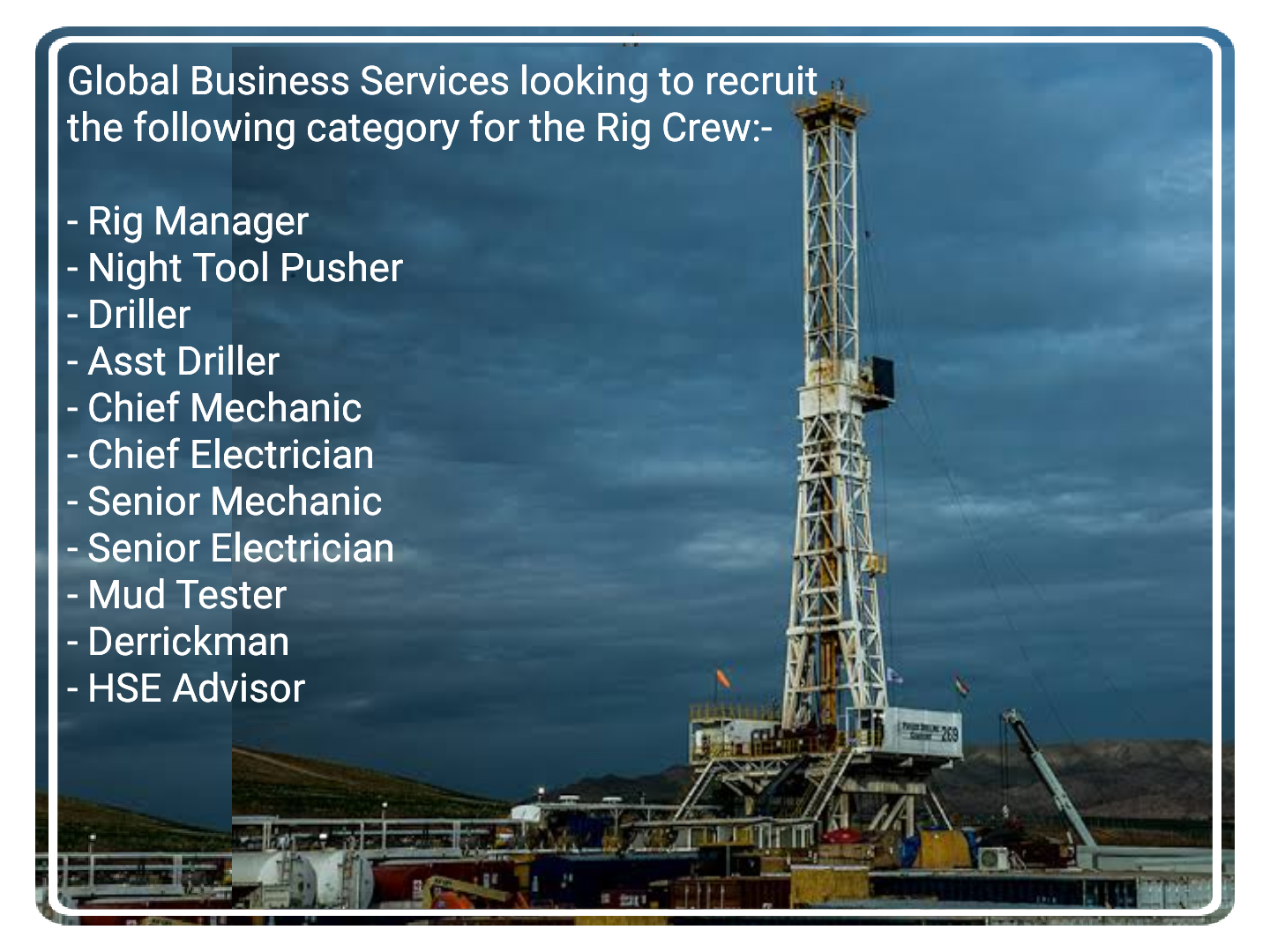 Rig Manager, Electrician, Mechanic, Driller & HSE Engineer Jobs
