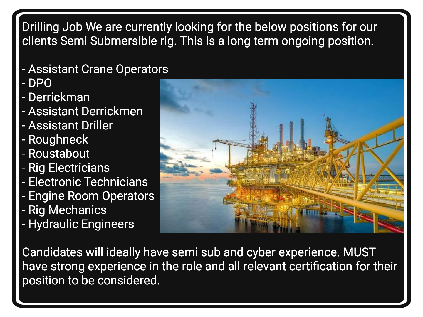Drilling, Derrickman, Roustabout, Roughneck, Rig Mechanic & Electrician Jobs