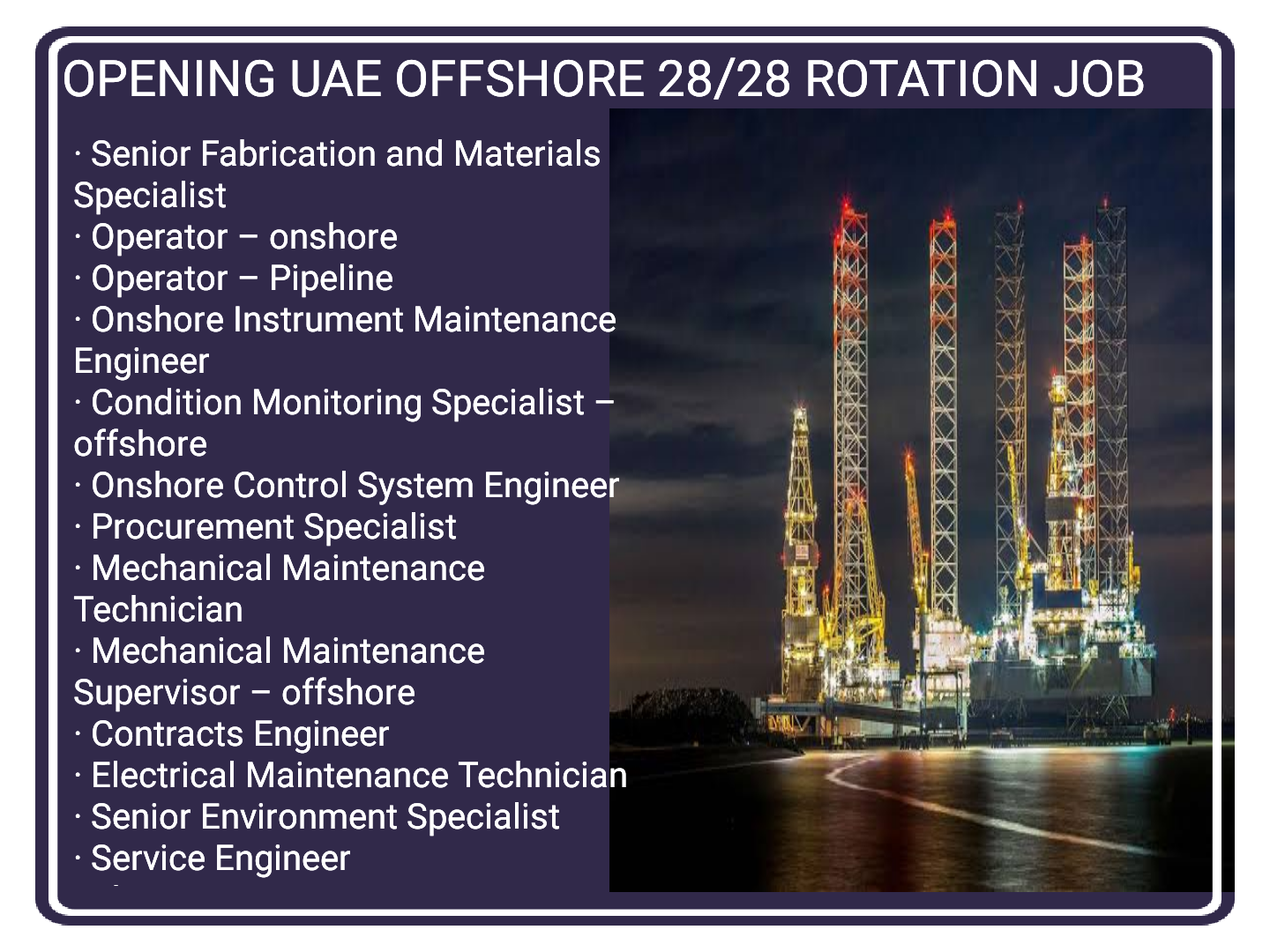 Offshore Fabrication, Electrical, Mechanical, Instrument, Pipeline & Service Engineer Jobs