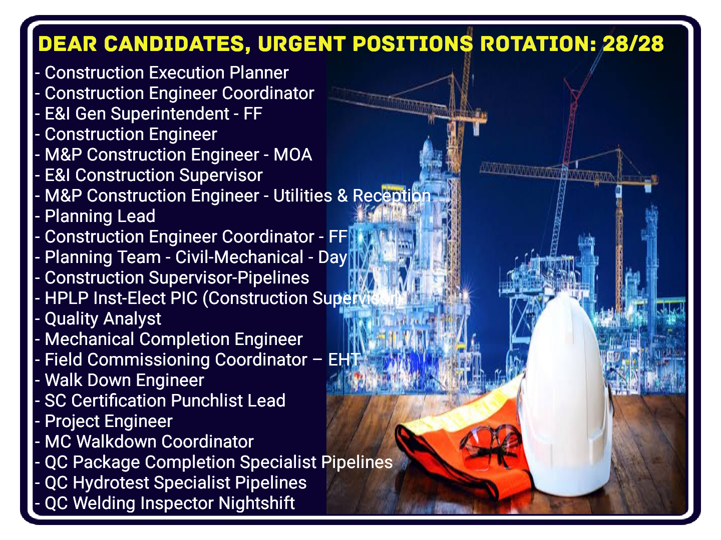 Construction Manager, Mechanical, Electrical, Instrument & QAQC Engineer Jobs