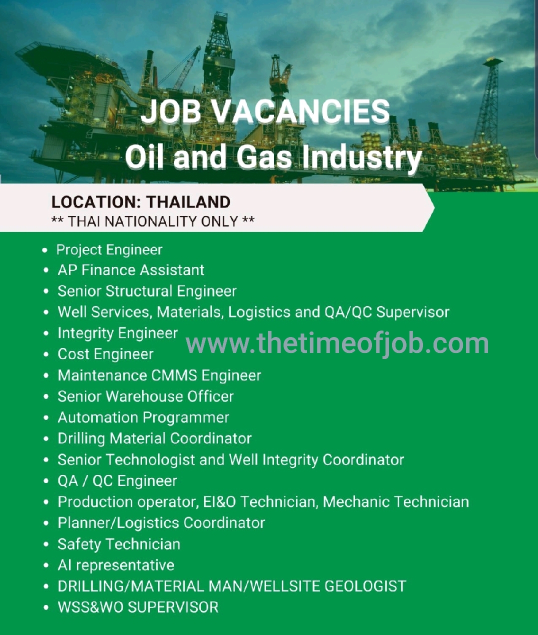 Vacancies for Onshore & Offshore Project, Thailand