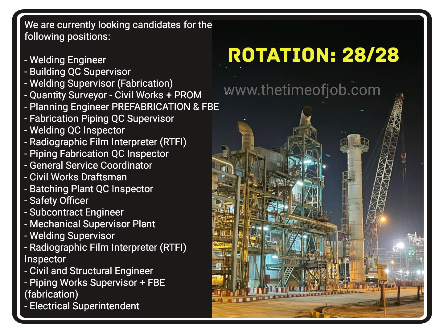 Mega Plant Construction Project Jobs, 28/28 Rotation