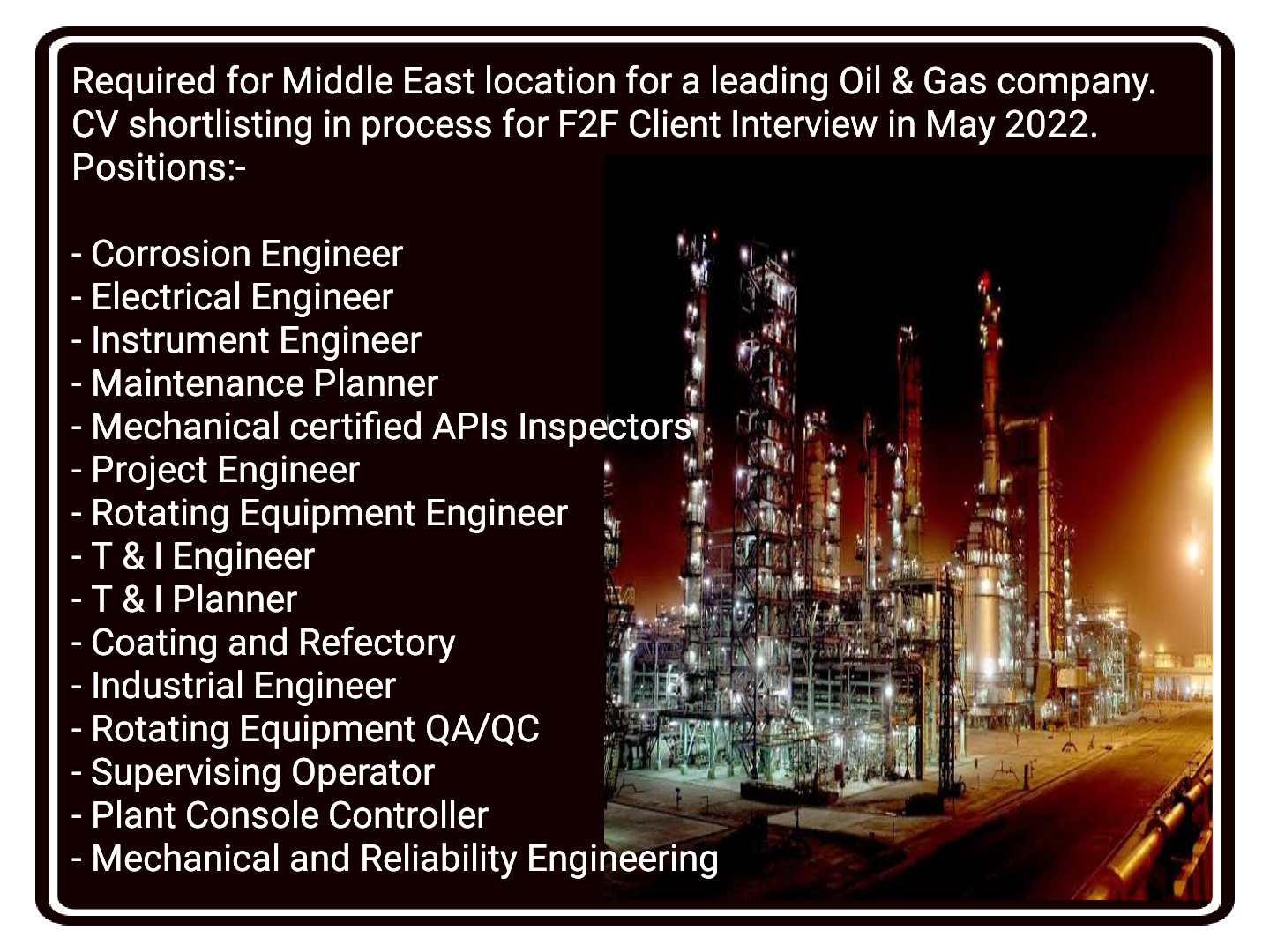 Electrical, Mechanical, Instrument, T&I Engineer & Plant Console Operator Jobs