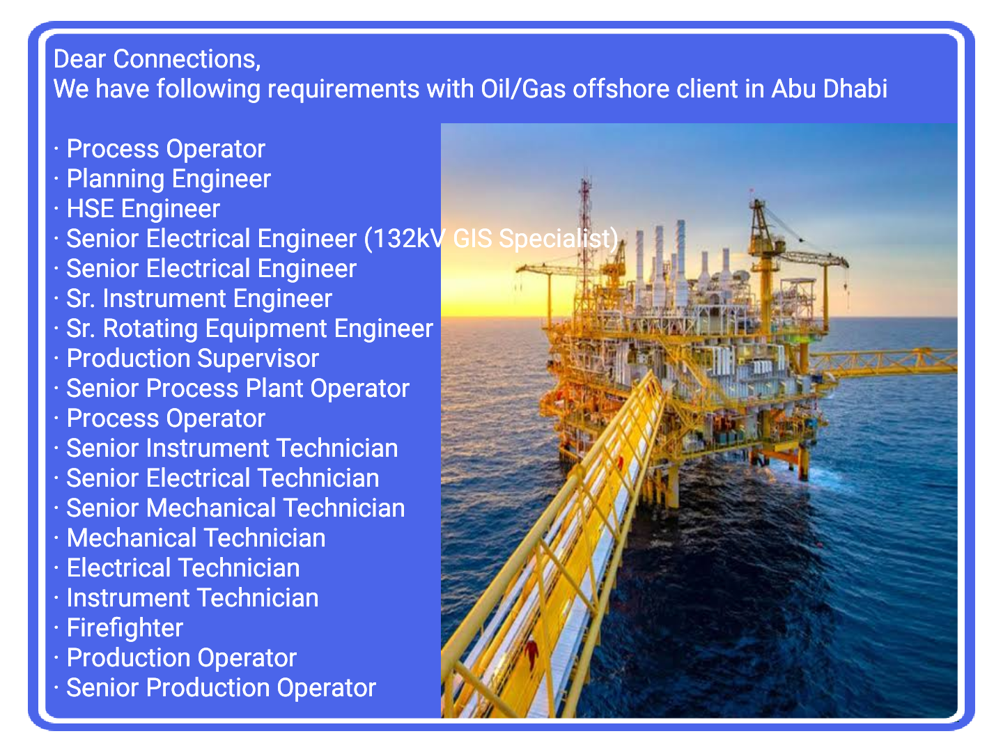 Senior Electrical, Mechanical, Instrument Technician & Supervisor & Production Operator Jobs