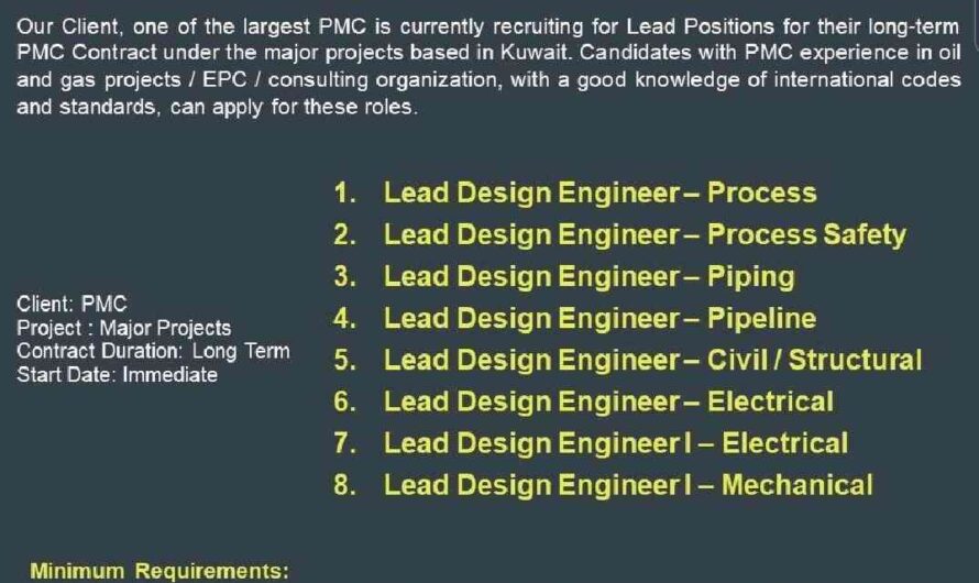 Lead Design Engineers Process, Piping, Electrical, Mechanical, Civil and Structural Jobs